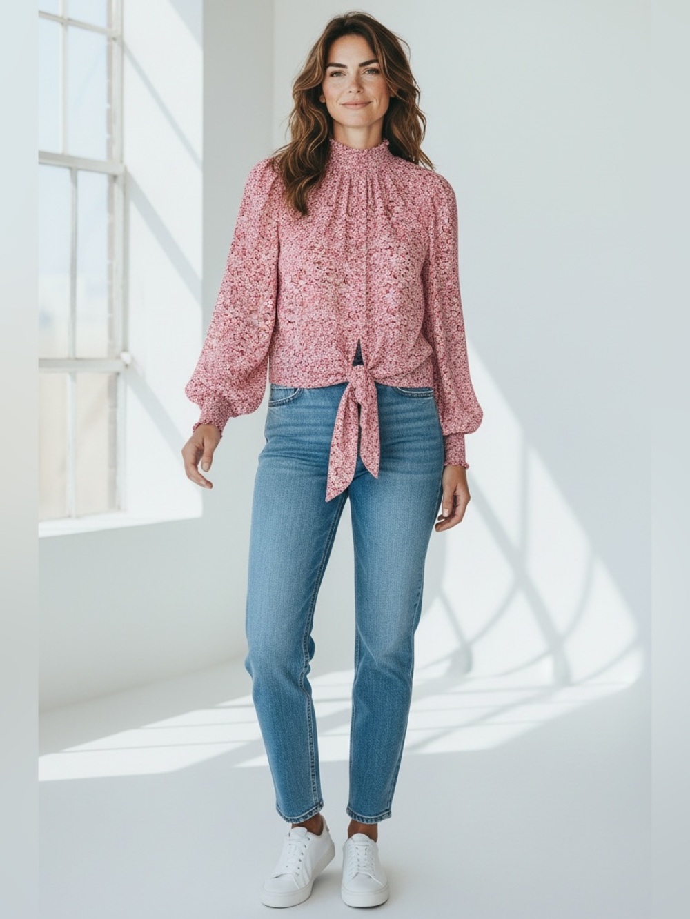 Maison Cinqcent Smocked Neck Tie-Front Floral Blouse - Pink